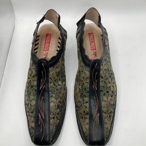 Pikolinos Romana Slingback Laser Cut Floral Green Black Leather Closed Toe Sz 40